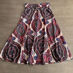 Paisley Elastic Waist Circle Midi Skirt Maroon Tan Muted Colors S